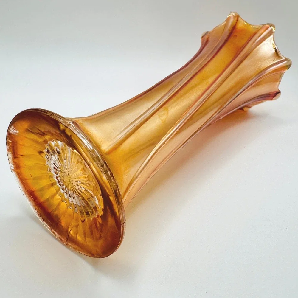 Antique Northwood Thin Rib Marigold Carnival Glass Vase Ruffled Rim c1910